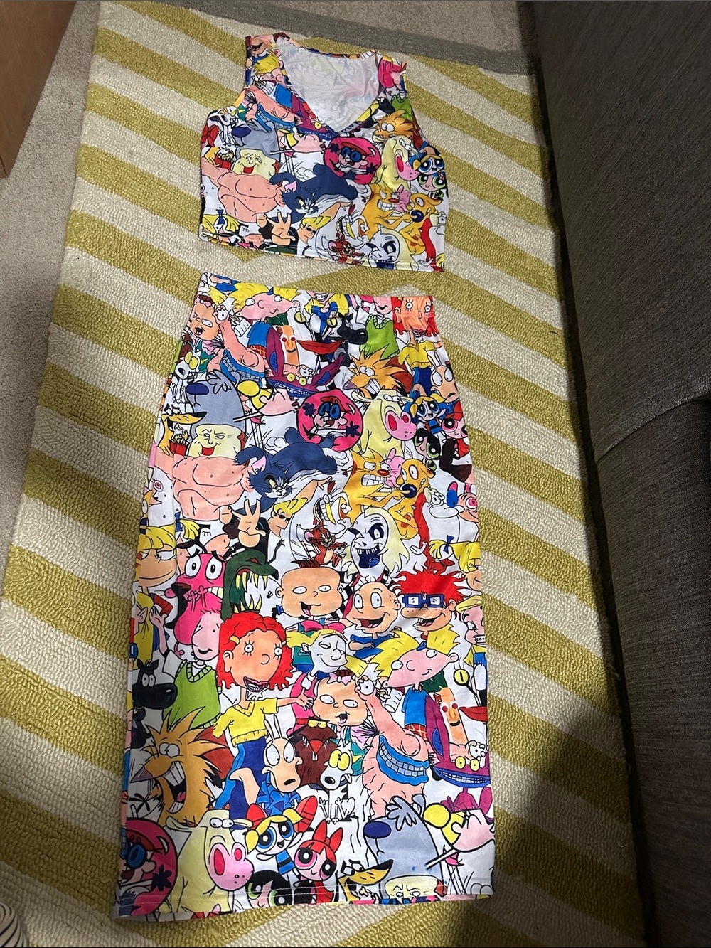 Colorful 90s and 2000s Y2K cartoon Two-Piece Crop Top and Midi Skirt Set